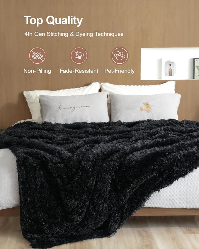 Pawque Faux Fur Throw Blankets 50x60 Inches, Soft Fuzzy Fluffy Blanket, Warm Thick Sherpa Long Hair Shag Reversible Lightweight Cozy Throw for Bedroom Sofa Couch, Black
