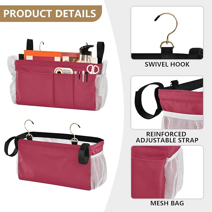 Strawberry Red Bedside Caddy Storage Bag Bedside Organizer for College Dorm Top Bunk Bed Organizer Caddy Hanging Shelf 6 Pockets with Hooks for Glasses Book Tablet Holder