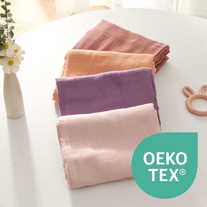 Momcozy Muslin Swaddle Blankets, 4-Pack Breathable and Skin-Friendly Receiving Blankets, Swaddle Blanket Shower Gifts & Baby Registry Essentials, Large 47"x47", Muted Purples