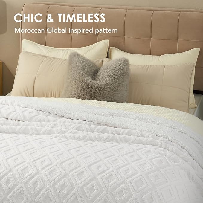 EverGrace Jacquard Boho Sherpa Fleece Throw Blanket for Couch, Super Soft Cozy Fuzzy Plush Blankets for Winter, Reversible Thick Warm Blanket for Bed, Sofa, Living Room, Off White, 90" x 90"
