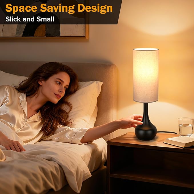 Touch Table Lamp for Nightstand, 3-Way Dimmable, Space Saving & No Assembly Required, Upgraded Small Farmhouse Black Bedside Lamp for Bedroom, Living Room, Office (Bulb Included)