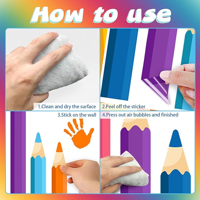 Colorful Pencils Wall Decals - 9 Sheets 47 Pcs Colored Handprint Pencil Wall Stickers Educational Peel and Stick Wall Decor for Back to School Classroom Playroom Living Room Nursery