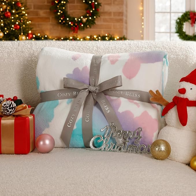 Cozy Bliss Cow Print Fuzzy Throw Blanket for Couch - Thick Soft Warm Non Shedding Fleece Blankets for Western Décor Room, for Kids, Women Men Girls, Rainbow 50"*60"