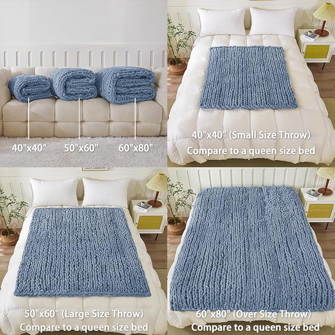 WESHIONGOO Chunky Knit Blanket Throw 51"×63" Knitted Throw Blankets for Couch Bed Fluffy Soft Blanket with Jumbo Chenille Yarn Thick 100% Handmade(Dusty Blue)
