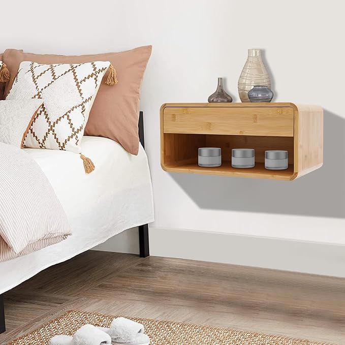 Bamboo Floating Nightstand with Storage Drawer, Wall Mounted Bedside Table End Tables with Open Shelf, Bedside Cabinet Storage Organizer Case Display Box for Bedroom, Fully Assembled