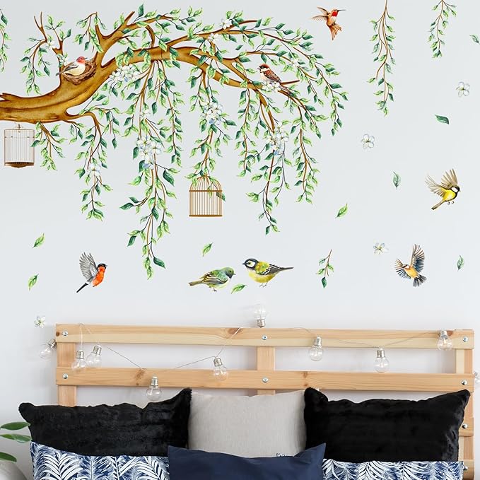 Large Green Tree Wall Decals, 4 Sheets Hanging Vine Tree Wall Decals Peel and Stick Waterproof Leaves Branch Wall Murals Decor for Living Room Bedroom (Green Vine, 11.8 * 35.4inch)