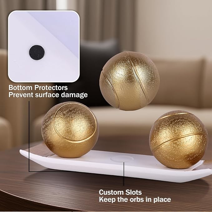 LCCCK Decorative Tray with Balls Set, White Gold Decor Orbs TV Stand, Coffee Table Centerpiece, Elegant Orbs Decorative Balls for Dining Kitchen Console Fireplace Decor Centro De Mesa De Comedor