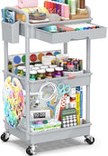3 Tier Rolling Cart with Drawer, Bathroom Storage Organizer with 2 Lockable Wheels, Multifunctional Rolling Storage Cart for Bathroom, Kitchen, Office, Craft, Makeup, Baby Essentials, Gray