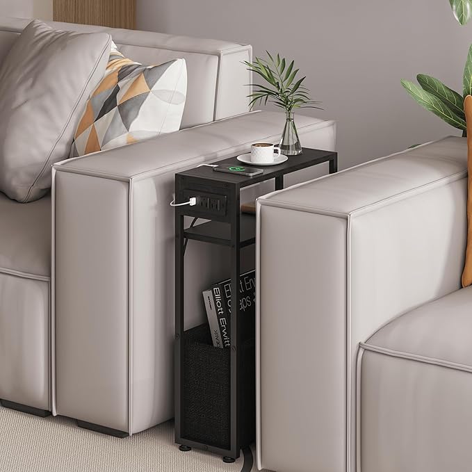 Narrow Side Table with Charging Station, Slim End Tables with Linen Basket, Skinny Table for Small Spaces, Thin Bedside Table for Living Room, Bedroom