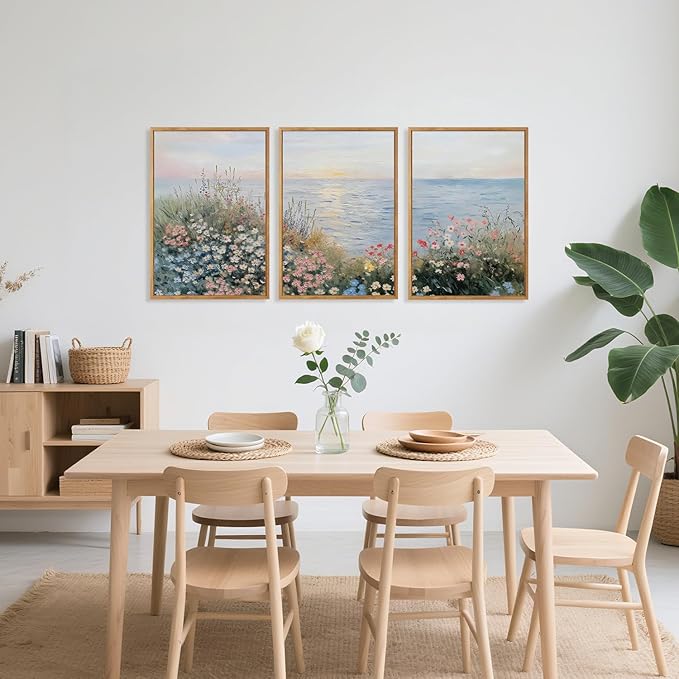 CHDITB Coastal Wildflower Framed Wall Art, Minimalist Beach Wall Decor, Nature Seaside Flower Painting, Modern Neutral Botanical Artwork Floral Ocean Art Prints For Living Room Bedroom Decor 12”X16”X3