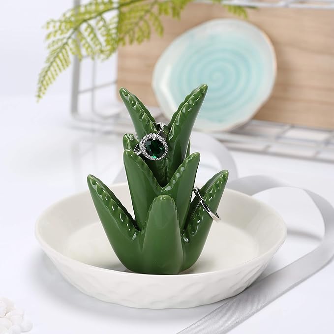 HOME SMILE Ceramic Aloe Ring Holder with Derorative White Dish Dish for Jewelry,Christmas Birthday Gifts