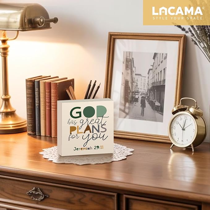 Lacama Christian Nursery Wooden Box Sign, Boho Bible Verse Decorations Wood Block Signs, God Has Great Plans for You Christian Wood Sign for Boys Room Bedroom Desk Shelf Wall Decor 5x5 Inches