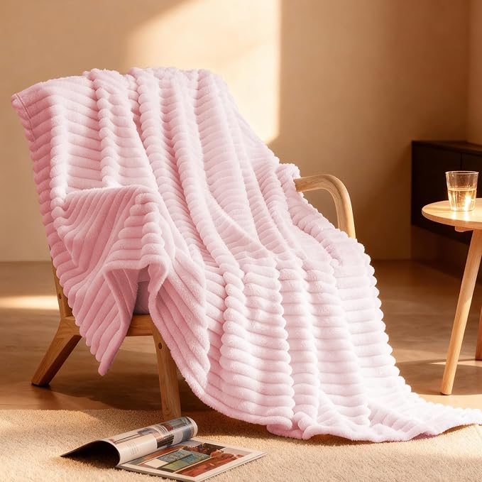 Nookly Pink Twin Size Fleece Blanket, Soft Lightweight Ribbed Plush Bed Blanket, Cozy All-Season Striped Fleece Twin Throw for Bedroom and Home, 60x80 Inches