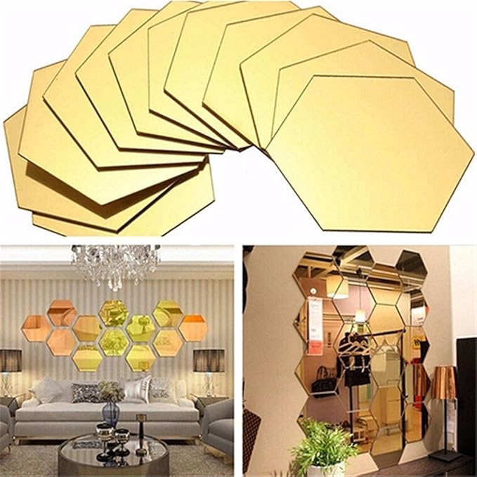 Mirror Wall Stickers - 12PCS Hexagon Art DIY Decorative Acrylic Sheet Plastic Tiles Home Living Room Bedroom Sofa TV Background Decal Decoration