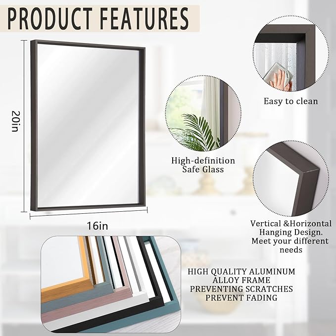 AAZZKANG Rectangular Metal Frame Mirror Retro Bathroom Bedroom Wall Mirrors Home Decor 20"x16"