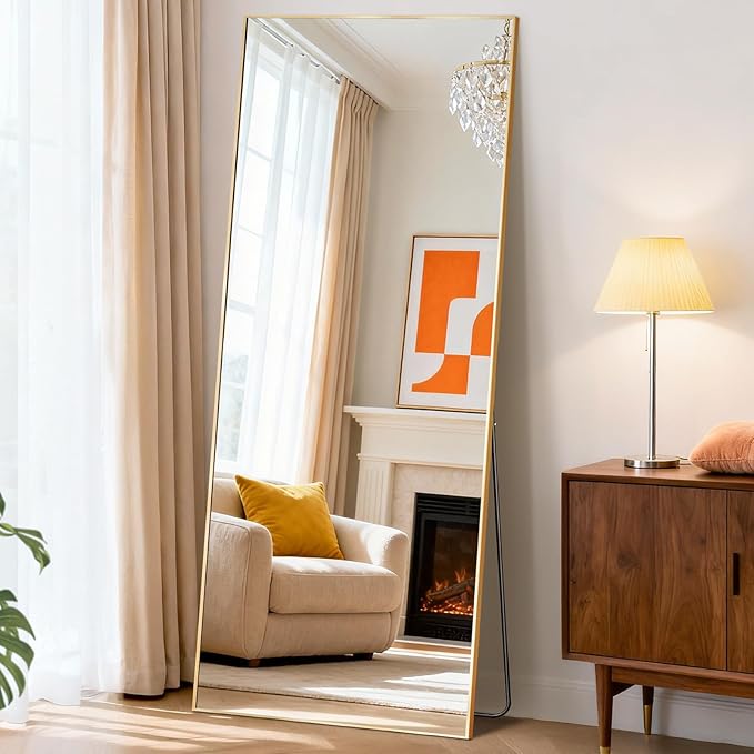 Mirror Full Length, Upgraded Body Wall Mirrors with Shatter-Proof Glass, Floor Standing, Hanging or Leaning, Tall Mirror with Stand Aluminum Alloy Frame for Bedroom