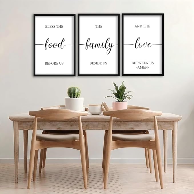 flowtorely Bless the Food Before Us Sign Wall Decor 16"×11" Set of 3 for Dining Room Kitchen Rustic Wood Framed Wall Hanging Art (Black)