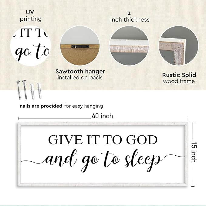 YWJKWLGS Give It To God And Go To Sleep Sign Large Bedroom Wall Decor Art 40x15 Inch Rustic Wooden Framed Above Over Bed for Peace Wall Hanging Plaque (White)