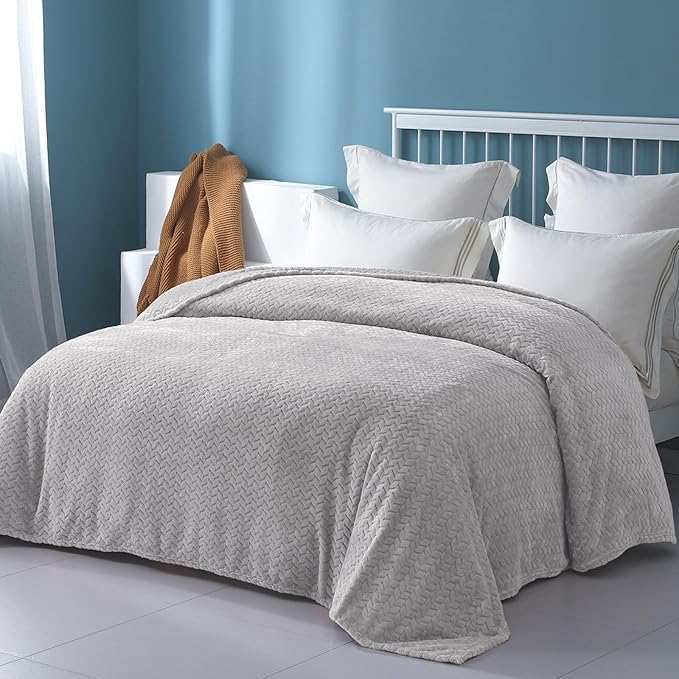 Exclusivo Mezcla Fleece Twin Size Blanket for Bed, 60x80 Inches Soft Cozy Jacquard Flannel Blankets, Lightweight Fuzzy Plush Warm for Women, Light Grey