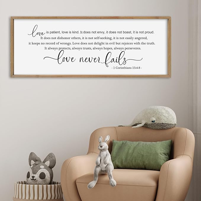 SRSZHIYUE Bible Verse Wall Art Love is Patient Kind Sign 40"×15" 1 Corinthians 13 4-8 Christian Inspirational Faith Wood Framed Living Room Office Large Plaque Wall Hanging (Wood)