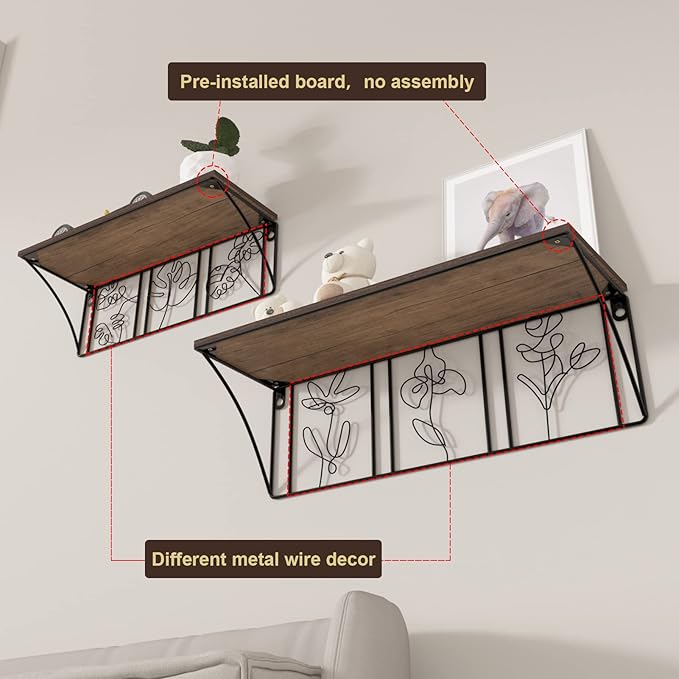 QUTREY Plant Wall Art Floating Shelves Set of 2, Minimalist Metal Abstract Decor Rustic Wooden Shelf for Living Room, Bedroom, Bathroom