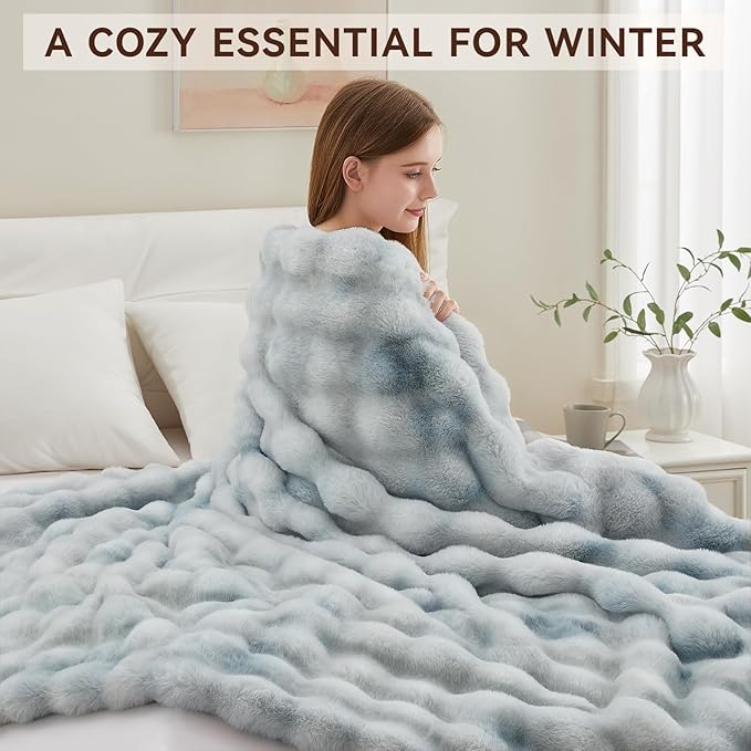 Faux Fur Throw Blanket, 1000GSM Fluffy Soft Bubble Blanket for Couch Bed, Cozy Plush Warm and Thick Rabbit Blanket for Living Room Bedroom 90''*104'' Tie-dye Blue
