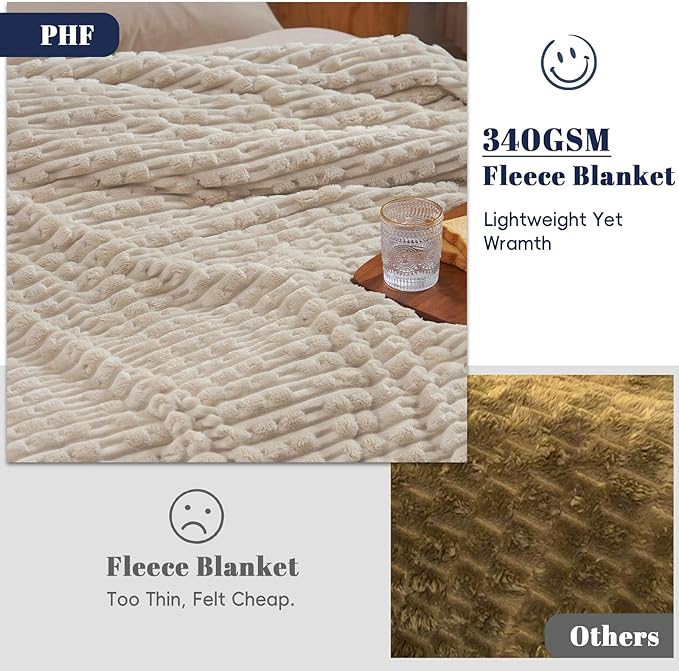 PHF Ultra Soft Flannel Fleece Blanket King Size, Lightweight 3D Jacquard Fleece Blanket, No Shedding, No Pilling, Luxury 340GSM Aesthetic Fluffy Cozy for Bed Room Decor, 108"x90", French Oak