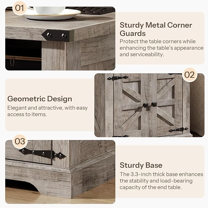 HOOBRO Farmhouse End Table with Charging Station, 23.6" Large End Tables for Living Room, Sofa Side Table with Barn Door, Wooden Square Nightstand Bedside Table, Flip Top, Greige GY601UBZ01