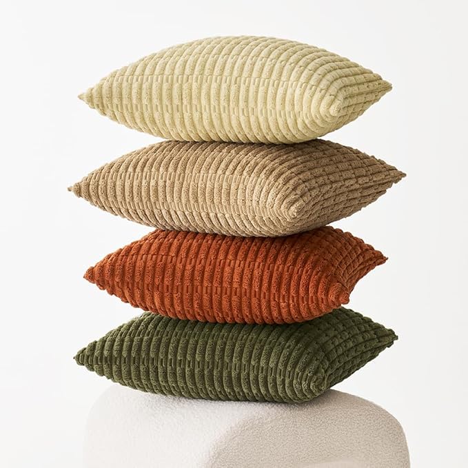 MIULEE Pack of 4 Spring Boho Farmhouse Corduroy Decorative Throw Pillow Covers 18x18 Inch for Sofa Living Room Couch Bed Modern Retro Soft Striped Pillow Covers Home Decor Brown Green