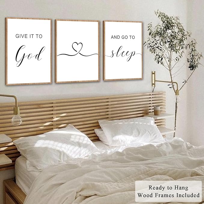 WALTSOM Farmhouse Bedroom Wall Art, 'Give it to God and Go to Sleep' Signs (Set of 3, 12x16 inches, Framed, Brown)