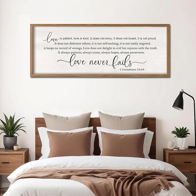 Foutcheou Love Is Patient Love is Kind Wall Art, 32"X12" Wood Framed Bedroom Above The Bed Wall Decor, Large Horizontal Dining Room Christian Bible Verse Hanging Sign for Home Family, Natural