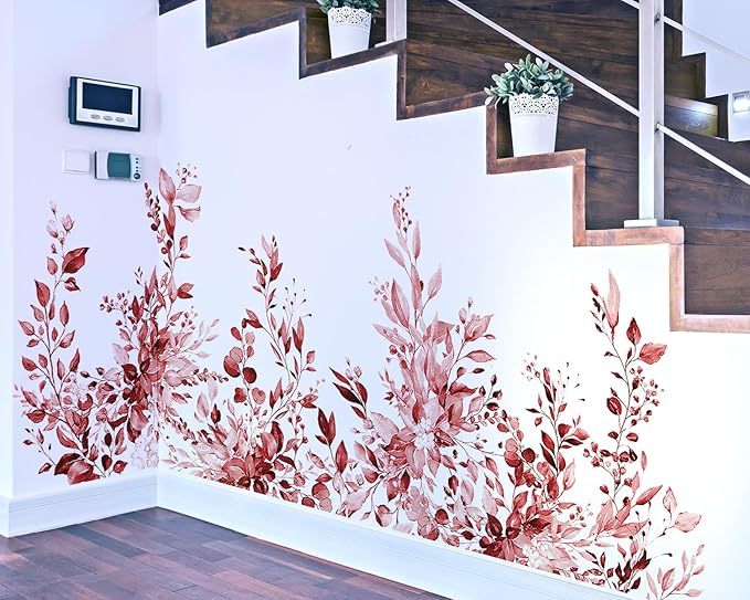 Burgundy Red Plants Leaves Wall Decals Peel and Stick, Large Floral Flowers Vinyl Wall Stickers, Removable Vine Home Decor Art for Bedroom Living Room Classroom Office