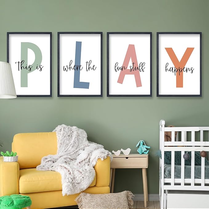 TQianJiang Playroom Wall Art for Kids 4 Piece PLAY Letter Prints with This is Where the Fun Stuff Happens Quote 11"×16" Modern Colorful Decor Children Nursery Toddler Wood Framed Wall Hanging (Black)