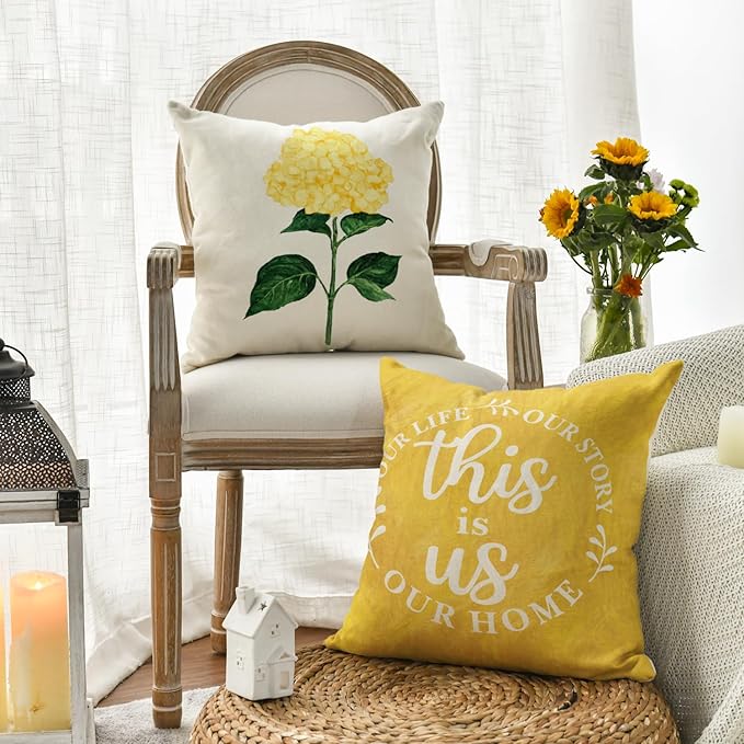 AVOIN colorlife Yellow Hydrangea Summer Throw Pillow Covers, 16 x 16 Inch Today is A Good Day Dark Yellow Cushion Case Decoration for Sofa Couch Set of 4