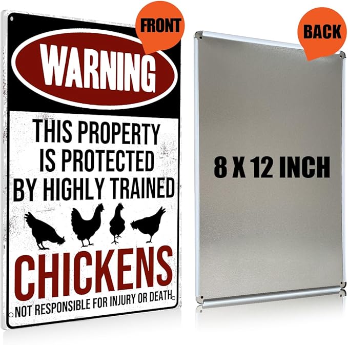 Funny Chicken Coop Sign - "Warning: Property Protected by Chickens" Decorative Metal Tin Sign for Farm Garden 8 x 12 Inch