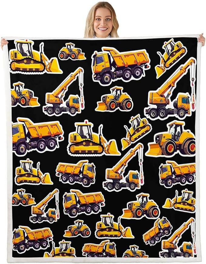 Excavator Sherpa Blanket Under Construction Fleece Blanket Cartoon Truck Tractor Blanket Throw For Kids Boys Young Backhoe Cranes Heavy Equipment Fuzzy Blanket Sofa Decor Queen 90"x90" Yellow