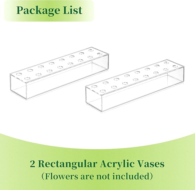 Rectangular Acrylic Vases for Centerpieces, 16 Inches Long Floral Vase with Holes for Flowers, Clear Rectangle Box Tray for Roses Modern Flower Arranger for Wedding Home Dining Table Decor, 2pcs
