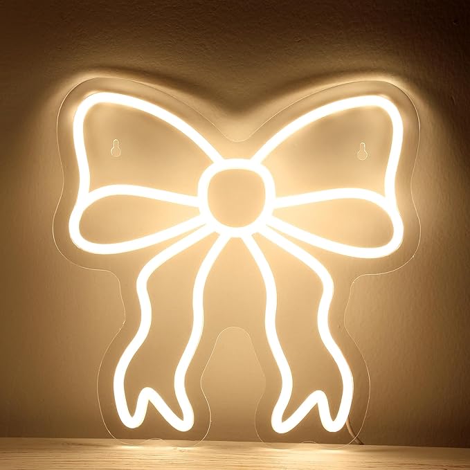 Retisee Bow LED Neon Sign Bedroom Women Room Neon Light Sign Coquette Aesthetic Home Wall Preppy Dorm Beauty Room Salon Decor Party Bar Decoration Gift for Her 11.8x11.8in (Warm White)