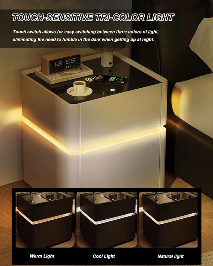 Smart Nightstand with Lock, Leather Bedside Table with Hidden Safe Built, Wood Drawer, USB and Wireless Charging, 3 Color LED, No Assembly Required (Black, 15.7in)