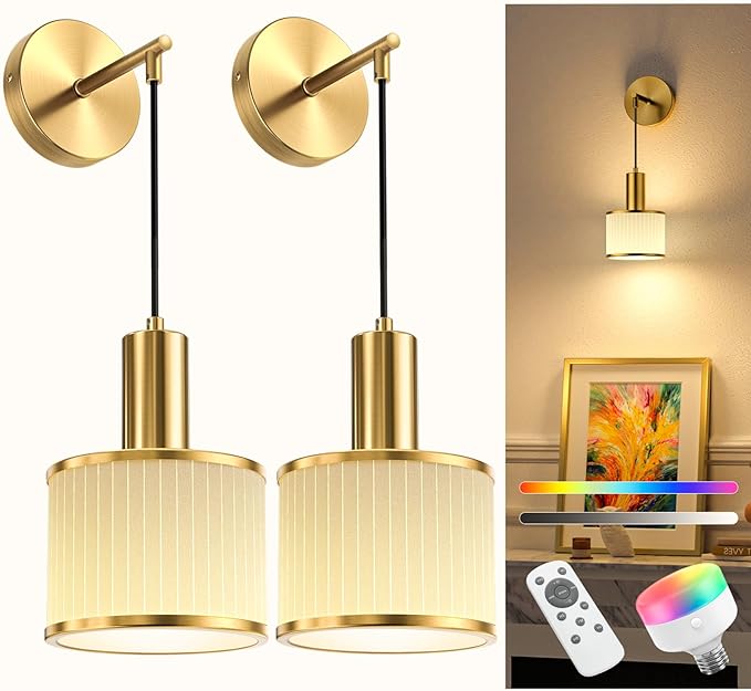 NIORSUN Battery Operated Wall Sconce Set of 2, Gold & Off-White Wireless Rechargeable Wall Lights with 5200mAh Dimmable Detachable Bulbs and Remote, 9 Colors Sconces Wall Decor for Bedroom Living Room