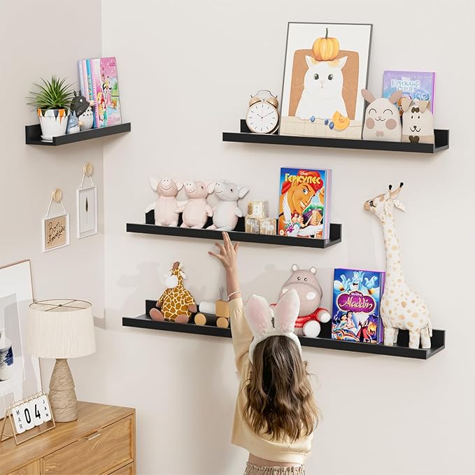 Heimlove 16 Inch Picture Ledge Shelf with Lip Set of 8,Black Floating Shelves for Wall,Wall Shelves in Varying Depths for Living Room Bedroom Bookshelf Photo Frames Nursery Book Shelves for Storage