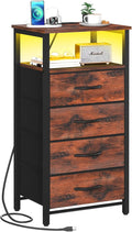 Yoobure Night Stand - LED Rustic Nightstand with Charging Station, Bedside Table with 4 Storage Drawers and Storage Shelf, End Table with USB Ports and Outlets