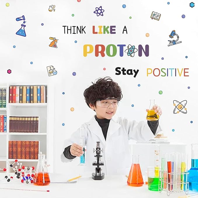 HLNIUC Large School Wall Decal(35”x12”),Colorful Chemistry Classroom Stickers,Chemical Proton Laboratory Wall Decor,Inspirational Quotes Room Sticker,Stay Positive Science Art Decal for Kids Room Lab