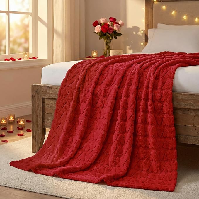 Horaldaily Valentine Blanket Throw, Red Cute Love Heart Soft Fuzzy Plush Faux Fur Cozy Blankets for Couch Sofa Bed Lounging, Ideal Gifts for Kids Adults Wife Self, 50x60