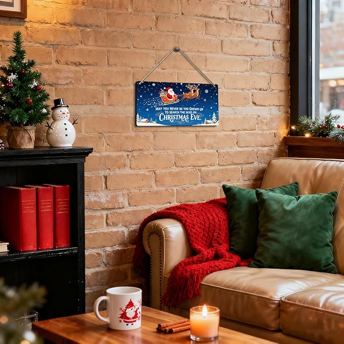 Vintage Christmas Decor Signs, Indoor Retro Christmas Decorations - "May You Never Be Too Grown Up to Search the Skies on Christma Eve" Sign, 6x12 Inch