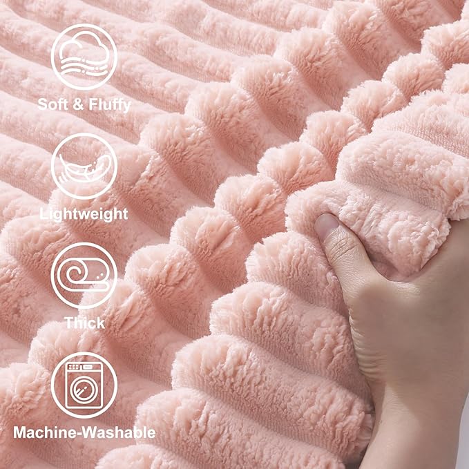 decorUhome Valentines Soft Fleece Pink Blanket Queen Size for Bed, Cozy Fluffy Plush Flannel Large Striped Throws for Couch Sofa, Lightweight Decorative Fuzzy Blanket for Woman, 90x90 Inches