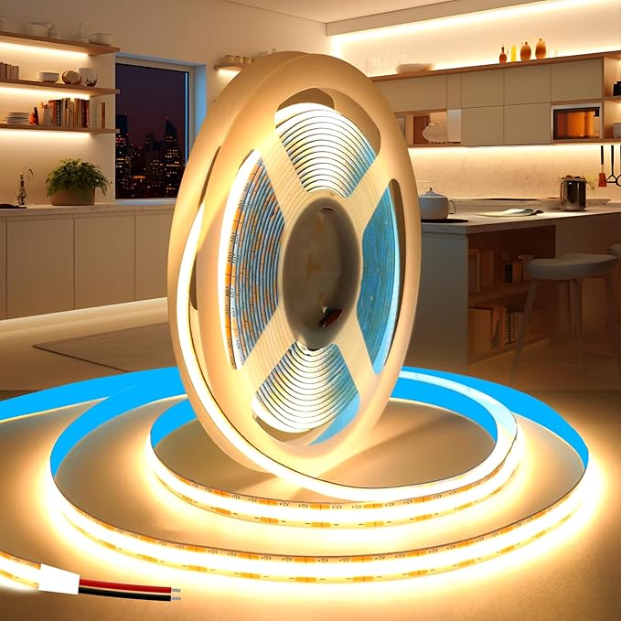 COB LED Strip Lights 16.4ft/5m, 12V LED Light Strip, Warm White 3000K Under Cabinet Lighting, Super Bright Flexible Tape Lights for Bedroom,Mirror,Kitchen,Living Room(Power Supply Not Included)