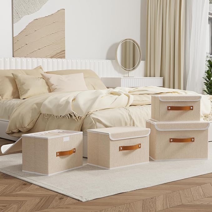 OUTBROS Collapsible Storage Cubes with Lid, Linen Fabric Wardrobe Baskets, Large Box For Towels, Clothes, 15 x 9.8 x 9.8 inch, Beige, 3-Pack
