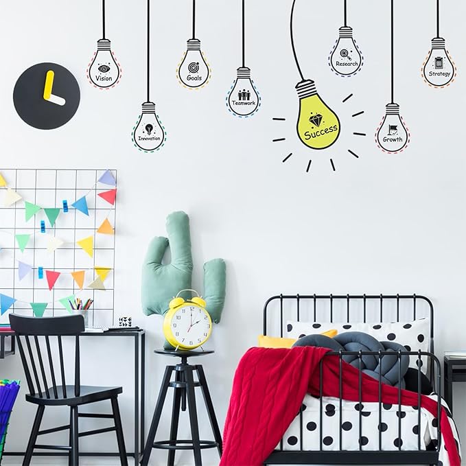 HLNIUC Large Size Positive Words Wall Decal 22PCS Success Teamwork Wall Sticker Minimalist Inspirational Lettering Artwork Motivational Saying Art Sticker Light Bulb Themed Wall Decals for Classroom