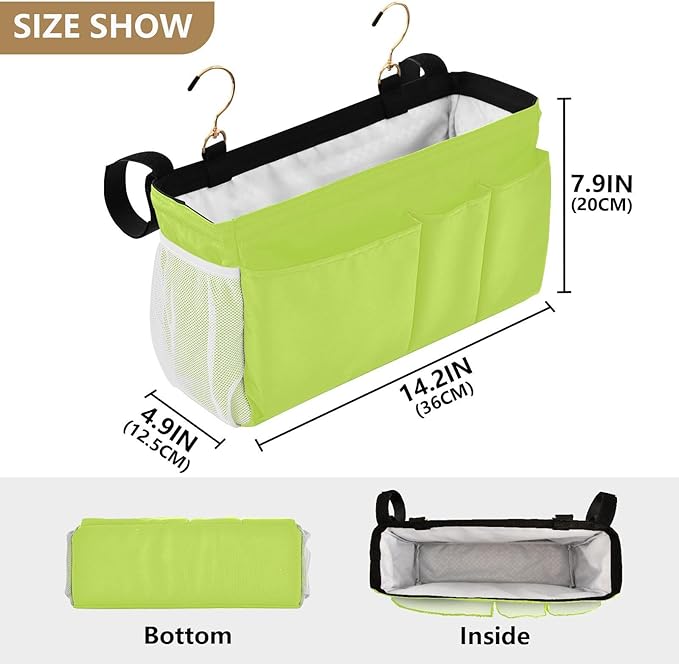 DOMIKING Neon Yellow Bedside Caddy for Dorm Bed Recliner Armrest Organizer with Hooks Haning Holders for Magazine Phone Tablet